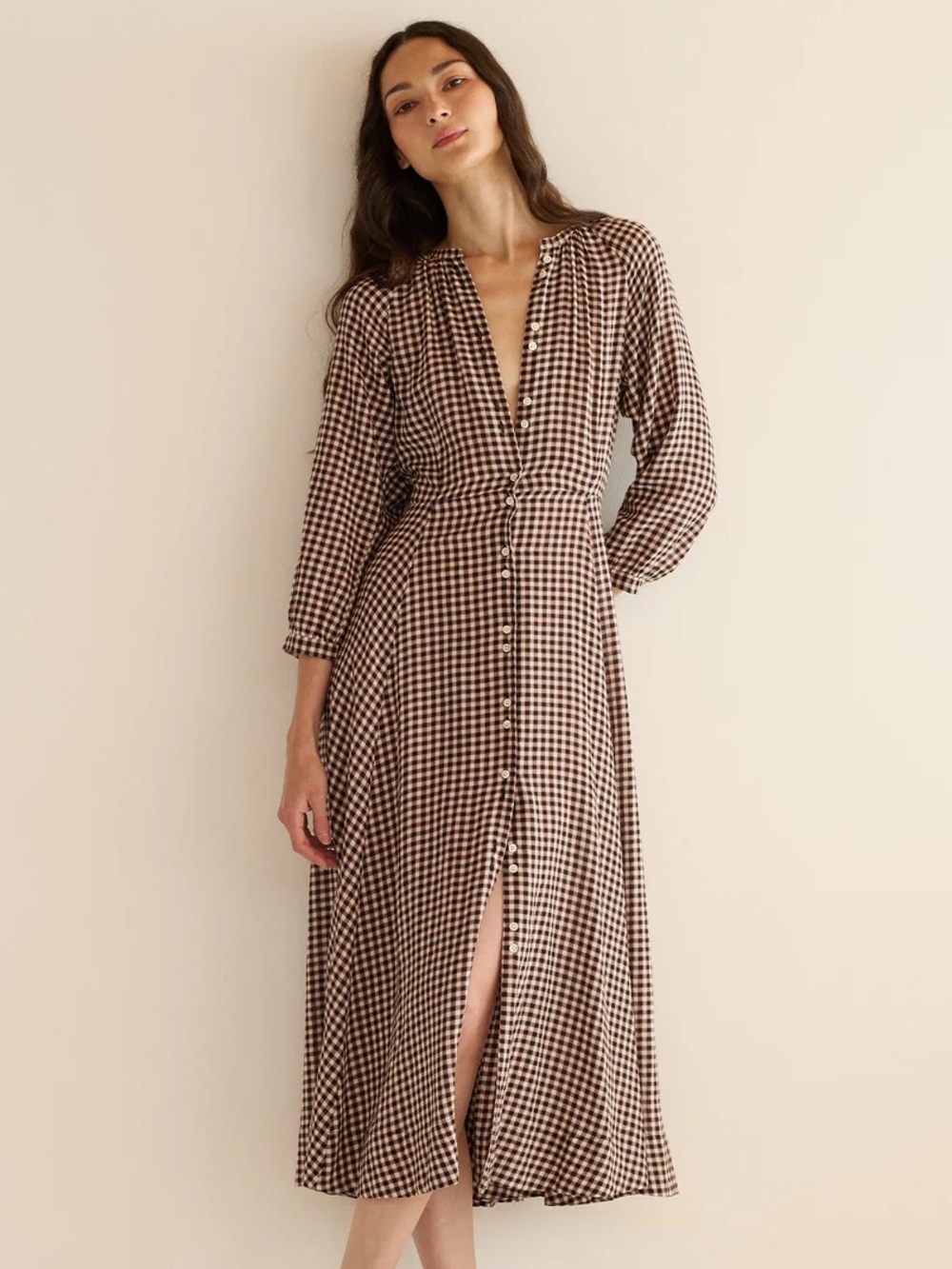 NWT Doen Madelaine Cotton Button 3/4 Long Sleeve Midi Maxi Dress Delphine Plaid